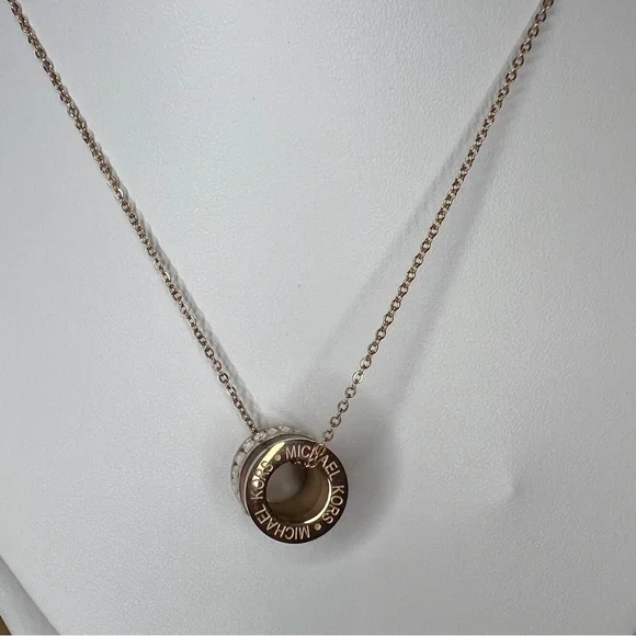 Michael Kors Rose Gold Double Tortoise Shell Barrel Pendant Necklace - Picture 2 of 5